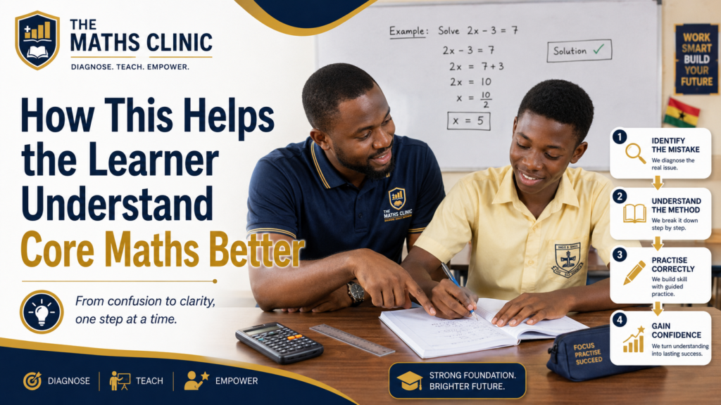 Ghanaian SHS student learning Core Maths better through step-by-step guidance, mistake diagnosis, correct practice, and growing confidence with support from The Maths Clinic.