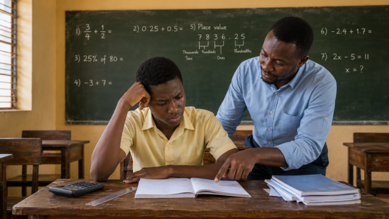 Ghanaian SHS learner receiving help from a Maths teacher to identify warning signs that the Core Maths foundation is weak before WASSCE.