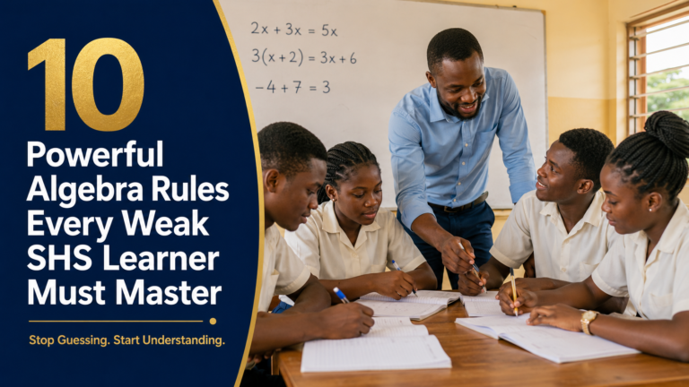 Ghanaian teacher helping weak learners master algebra rules for SHS students in a classroom.