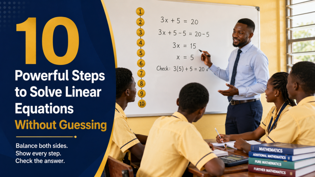 Ghanaian teacher showing SHS learners 10 powerful steps to solve linear equations without guessing.