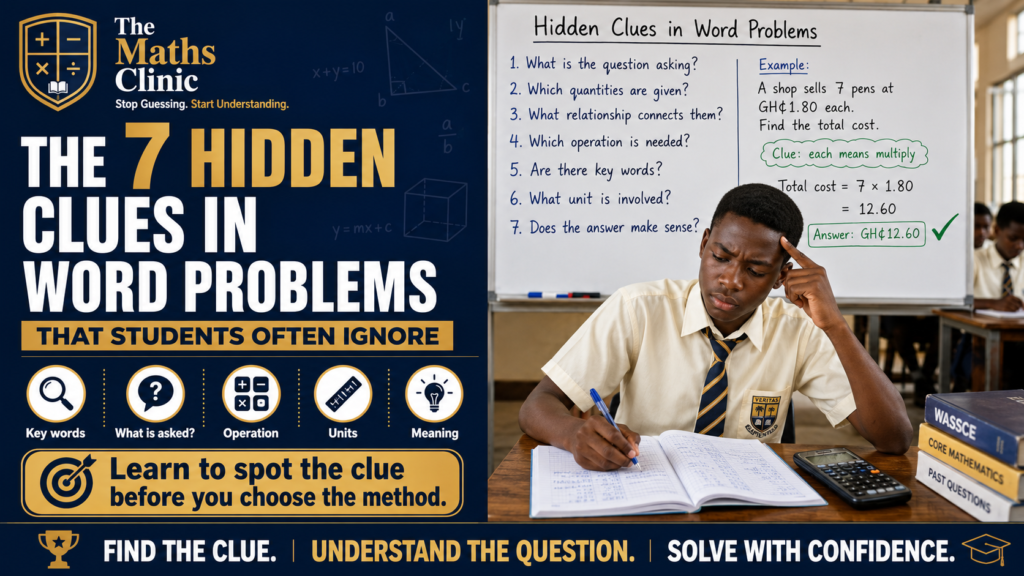 The 7 Hidden Clues in Word Problems That Students Often Ignore, showing a thoughtful Ghanaian SHS student solving a word problem in class, with a whiteboard listing seven hidden clues such as key words, quantities given, operation needed, units involved, and checking whether the answer makes sense.