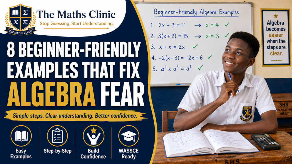Algebra fear featured image showing a confident Ghanaian SHS student learning beginner-friendly algebra examples on a classroom board, with simple equations; brackets; like terms; index laws; and WASSCE-ready step-by-step practice.