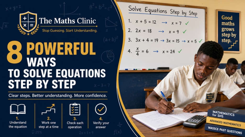 Solve equations step by step: a featured image showing a focused Ghanaian SHS student practicing simple algebra equations on a classroom board, with clear worked steps, check marks, a calculator, and WASSCE maths books.