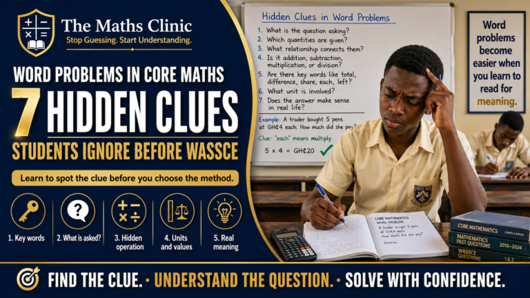 Featured image for “Word Problems in Core Maths: 7 Hidden Clues Students Ignore Before WASSCE,” showing a Ghanaian SHS student solving a word problem, with a classroom board listing hidden clues such as key words, what is asked, operations, units, and real-life meaning.
