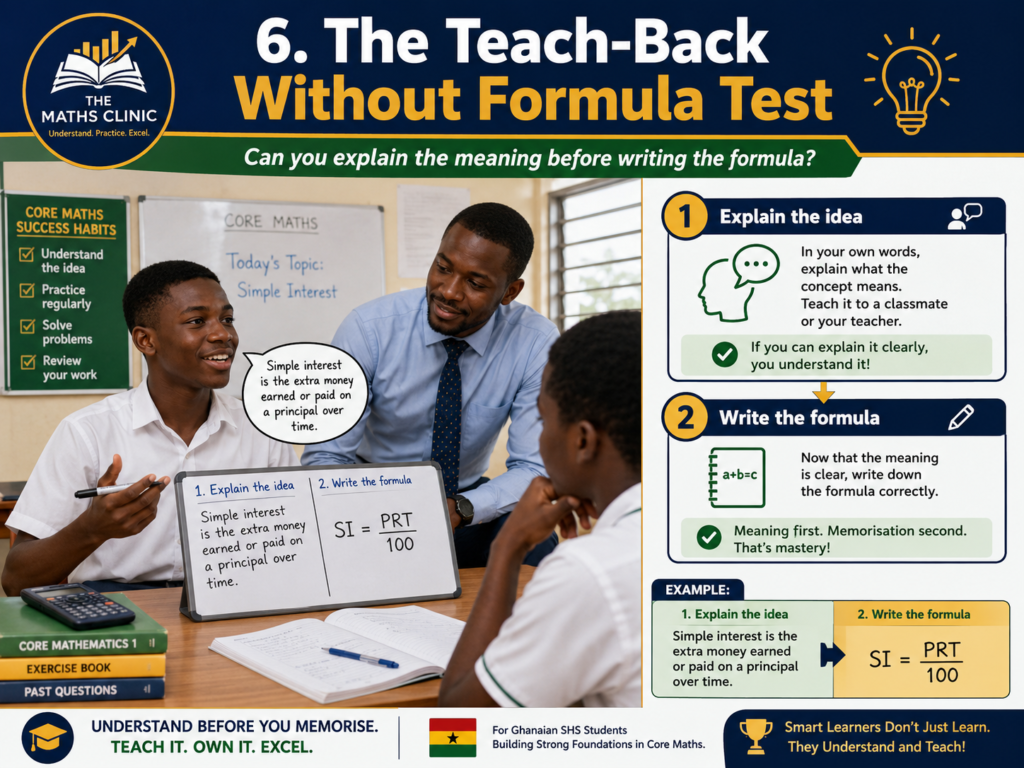 A Ghanaian learner is practicing the teach-back without a formula test.