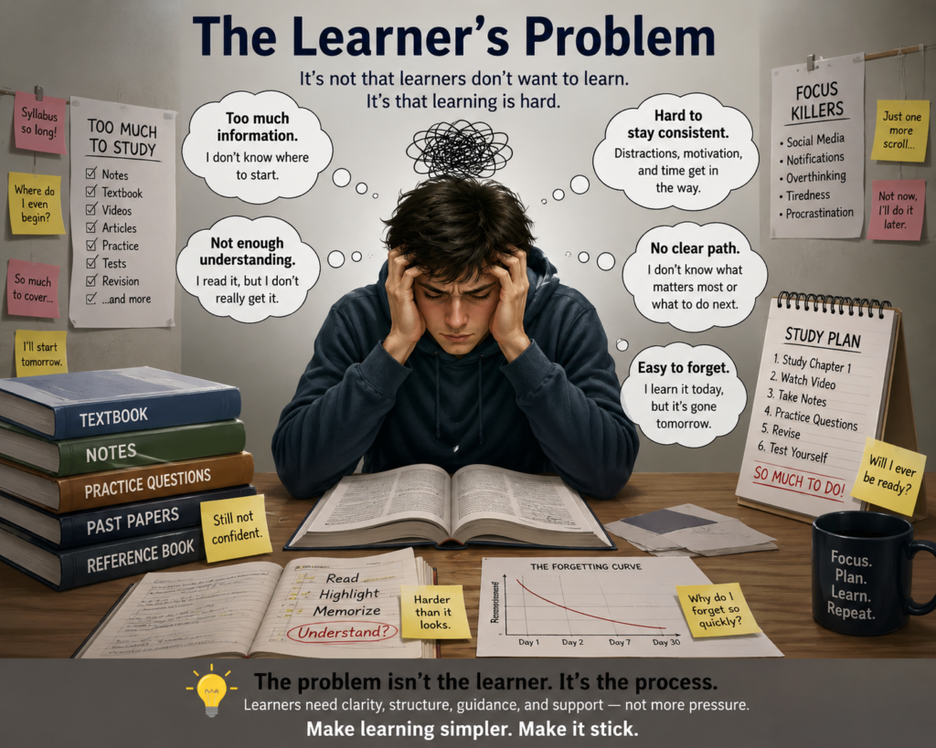 The Learner’s Problem: an overwhelmed student struggling with too much information, weak understanding, distractions, poor study structure, and difficulty remembering what was learned