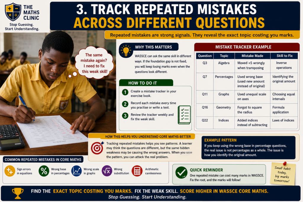 A Ghanaian SHS learner tracking repeated Core Maths mistakes across different questions to find the exact topic costing you marks and fix weak skills before WASSCE.