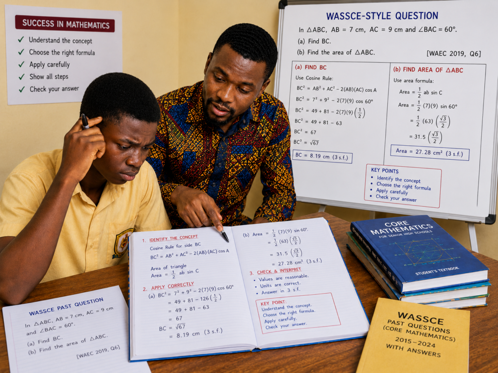A Ghanaian SHS Maths tutoring session is in progress, with a teacher guiding a student through a WASSCE-style Core Maths question step by step.