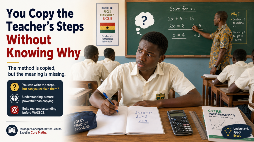 A Ghanaian SHS student copying the teacher’s Core Maths steps without understanding why, revealing a weak understanding before WASSCE.