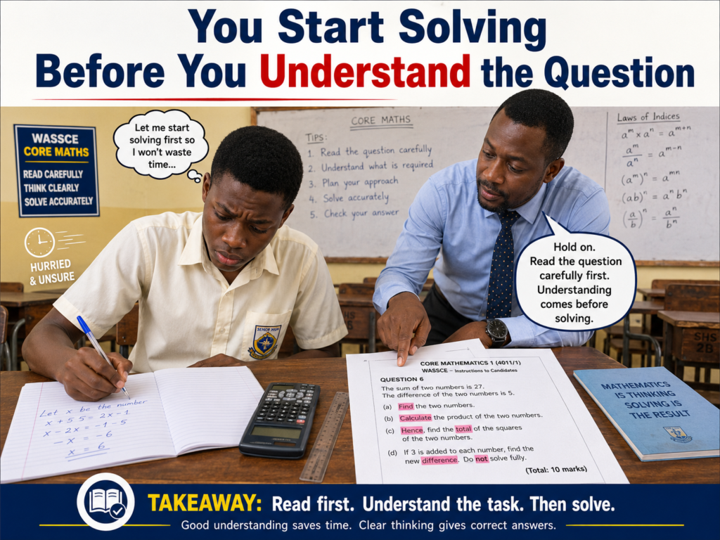 A Ghanaian SHS student shows guessing instead of understanding mathematics by starting a Core Maths solution before reading and understanding the full WASSCE-style question, while a teacher gives guidance.
