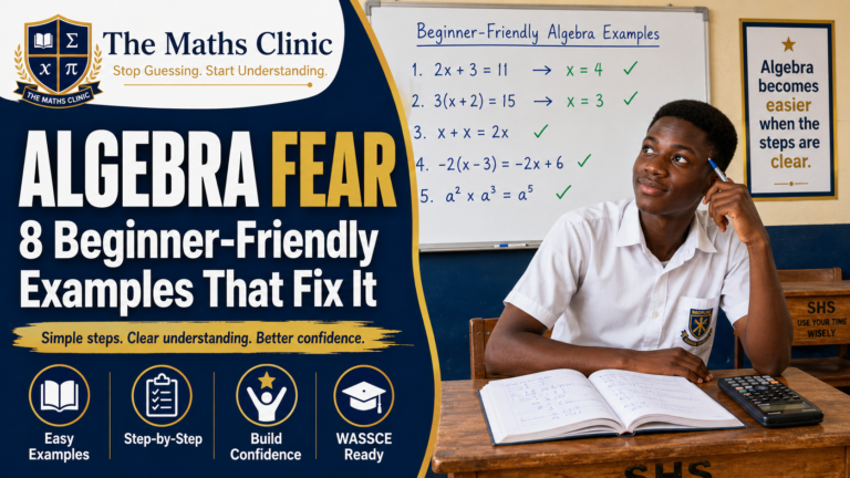Algebra fear featured image showing a Ghanaian SHS student gaining confidence with beginner-friendly algebra examples on a classroom board, including simple equations, brackets, like terms, and index laws for WASSCE preparation.