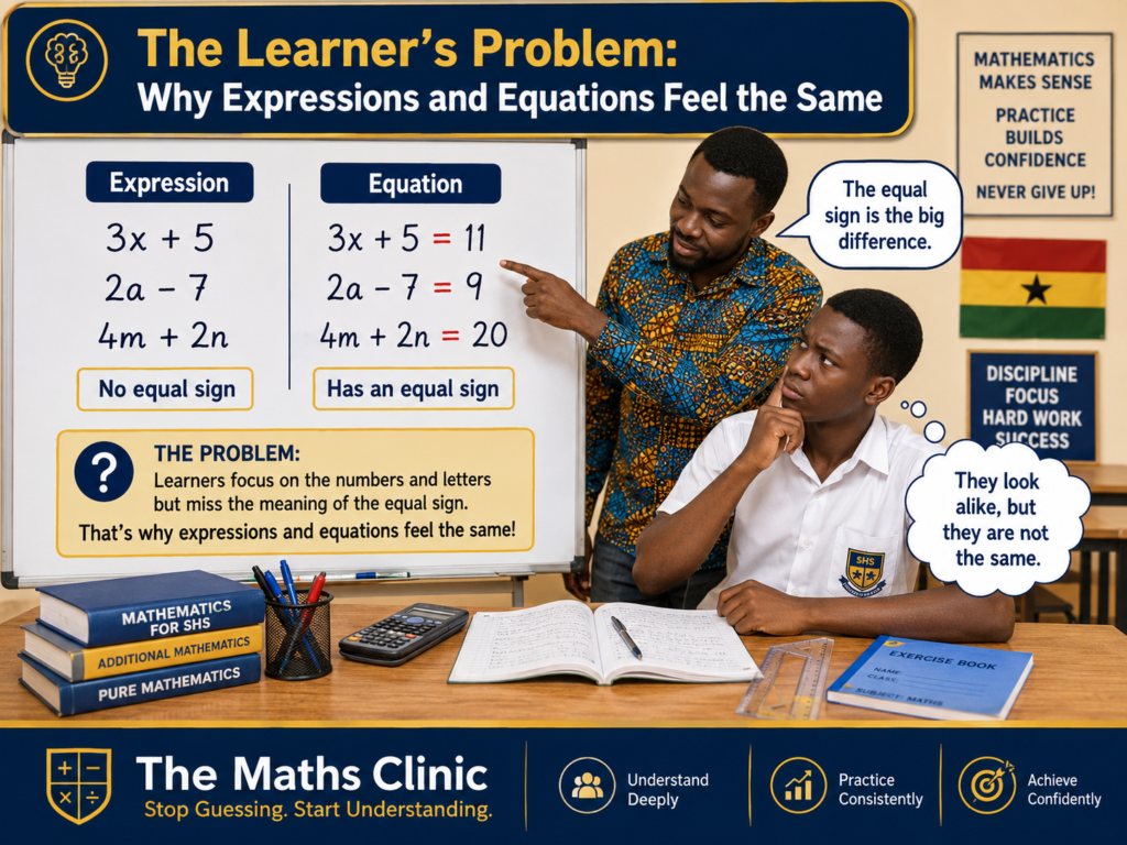 Ghanaian SHS teacher helping a learner understand the difference between expressions and equations by showing that expressions have no equal sign while equations have an equal sign.