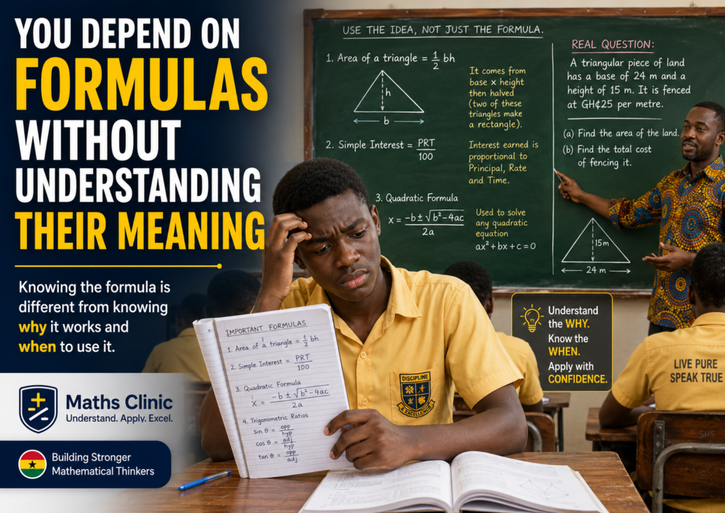 A Ghanaian SHS student is confused by memorized math formulas while a teacher explains their meaning and when to use them.