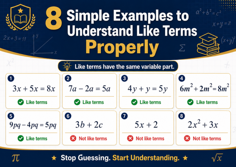 8 simple examples to understand like terms properly, showing correct and incorrect algebraic terms for struggling SHS learners.