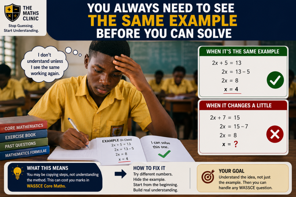 A Ghanaian SHS learner struggling to understand a Maths topic when the example changes, showing the need to build real Core Maths understanding before WASSCE.
