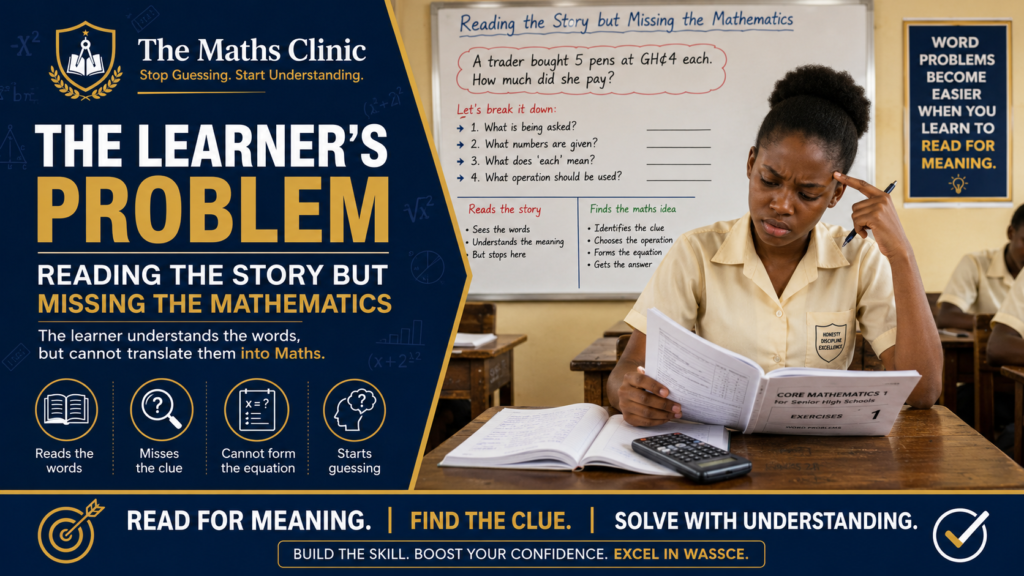 Word Problems in Core Maths featured image shows a confused Ghanaian SHS learner reading a story problem but missing the mathematics, with a classroom board explaining how to find clues, choose operations, and solve with understanding before WASSCE.