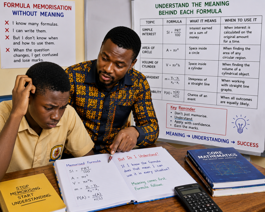 A Ghanaian SHS math teacher helping a student move from formula memorization to understanding by explaining when and how to use Core Maths formulas correctly.
