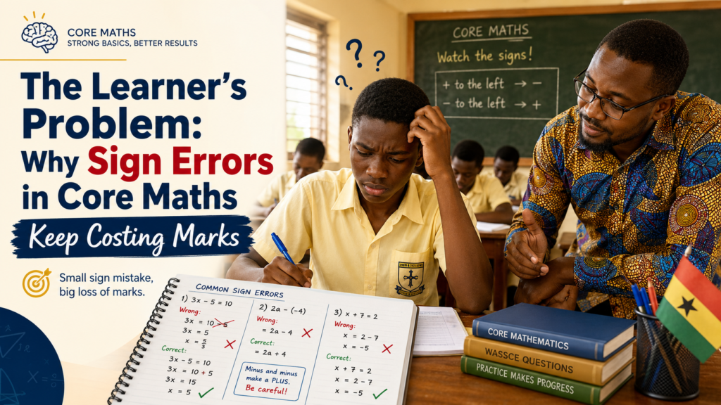 A Ghanaian SHS learner is receiving help from a teacher after sign errors in Core Maths algebra keep costing marks.