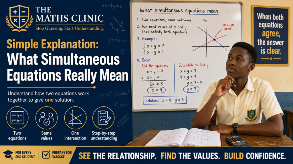 “Simple Explanation: What Simultaneous Equations Really Mean,” showing a Ghanaian SHS student learning how two equations with the same unknowns work together to give one solution, with a worked example and intersecting-line diagram on the classroom board.
