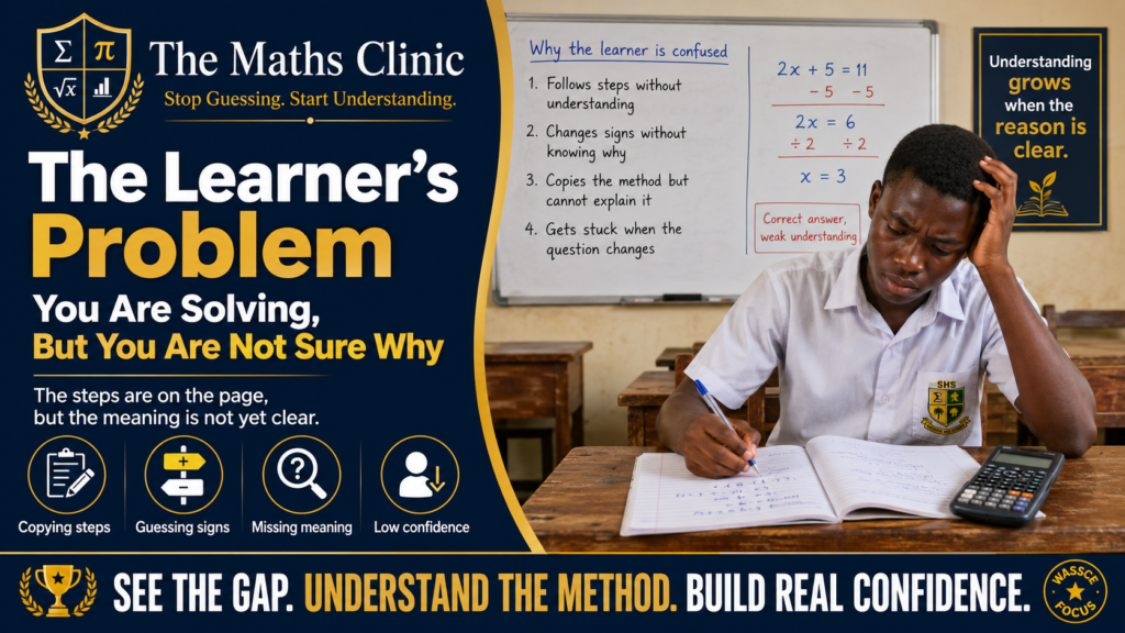 Algebra foundation in core maths featured image showing a confused Ghanaian SHS student solving algebra steps in class without fully understanding why, with a whiteboard explaining copying steps, guessing signs, missing meaning, and low confidence.