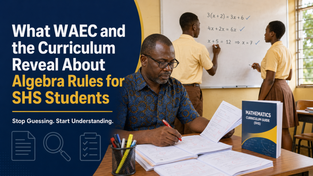 Ghanaian mathematics teacher reviewing learners’ work and curriculum guidance on algebra rules for SHS students.