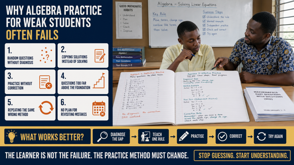 Ghanaian SHS learner discovering why algebra practice for weak students often fails and how diagnosis, correction and targeted practice improve learning.