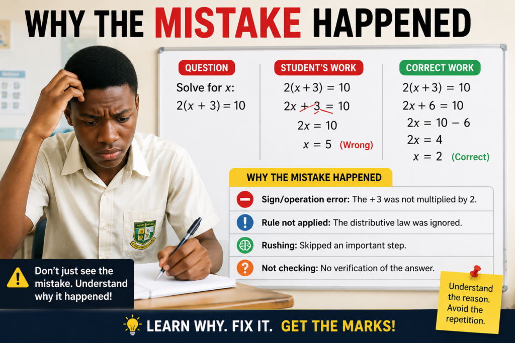 A worried SHS student studies an algebra mistake while a classroom board shows the question, the wrong solution, the correct work, and clear reasons why the mistake happened.