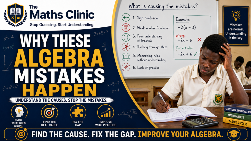 Algebra traps featured an image showing a worried Ghanaian SHS student solving algebra in class, with a whiteboard explaining why common mistakes happen, including sign confusion, weak number foundation, bracket errors, rushing steps, memorizing rules, and lack of practice.