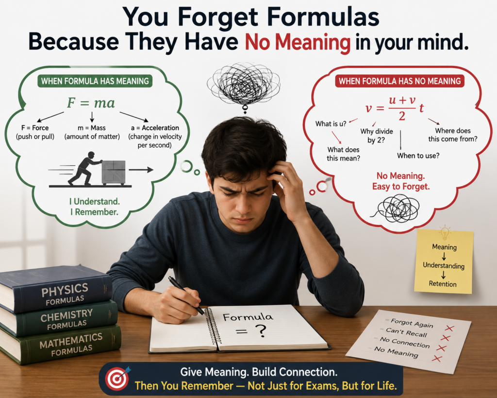 You forget formulas because they have no meaning in your mind, shown by a confused student comparing memorized formulas with formulas explained through clear meaning and connection.