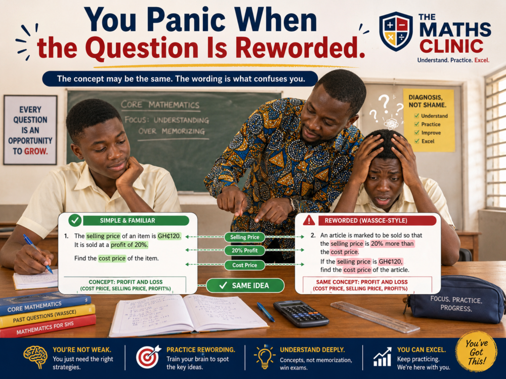 A Ghanaian SHS student panicking when a WASSCE Core Maths question is reworded while a teacher shows that both questions test the same idea.