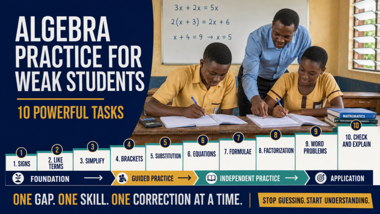 Algebra practice for weak students showing Ghanaian SHS learners completing 10 powerful tasks from basic signs to algebra application.