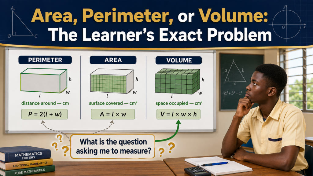 Area, perimeter, or volume learners' exact problem illustrated by comparing distance around, surface covered, and space occupied with their correct units.