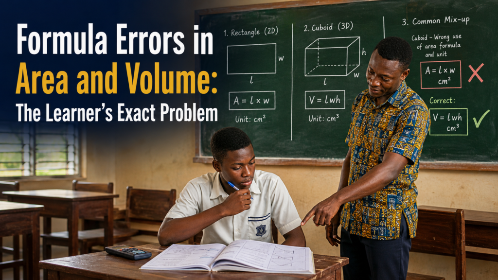Formula Errors in Area and Volume explained as a Ghanaian SHS teacher corrects a learner’s confusion between area, volume, formulas and units.