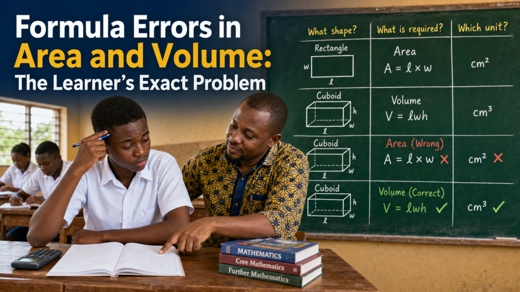 Formula Errors in Area and Volume explained as a Ghanaian SHS teacher helps a learner distinguish between area, volume, formulas, and correct units.