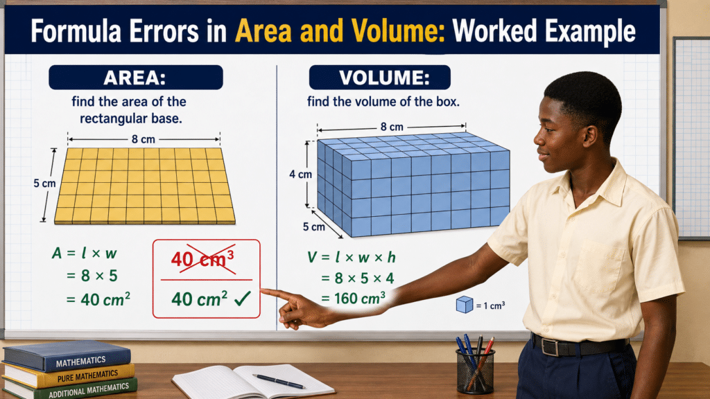 Formula errors in area and volume worked example showing a Ghanaian SHS learner correcting square units for area and using cubic units for volume.