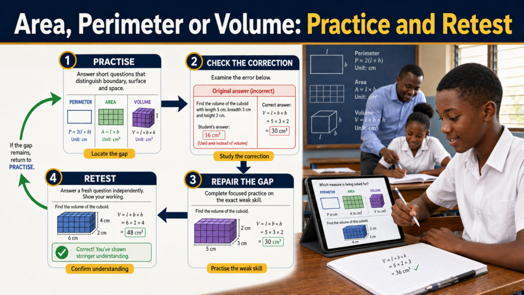 Area, perimeter, or volume practice and retest cycle showing a learner locating the gap, studying the correction, practising the weak skill and confirming understanding.