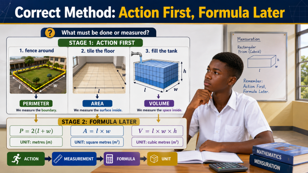 Correct method: Action first, formula later, showing how fencing, tiling, and filling help learners choose perimeter, area, or volume before selecting a formula.