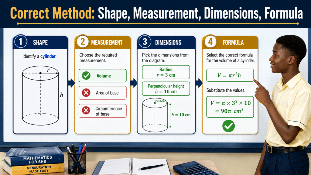 The correct method for solving mensuration questions by identifying the shape, required measurement, given dimensions, and suitable formula before calculating.