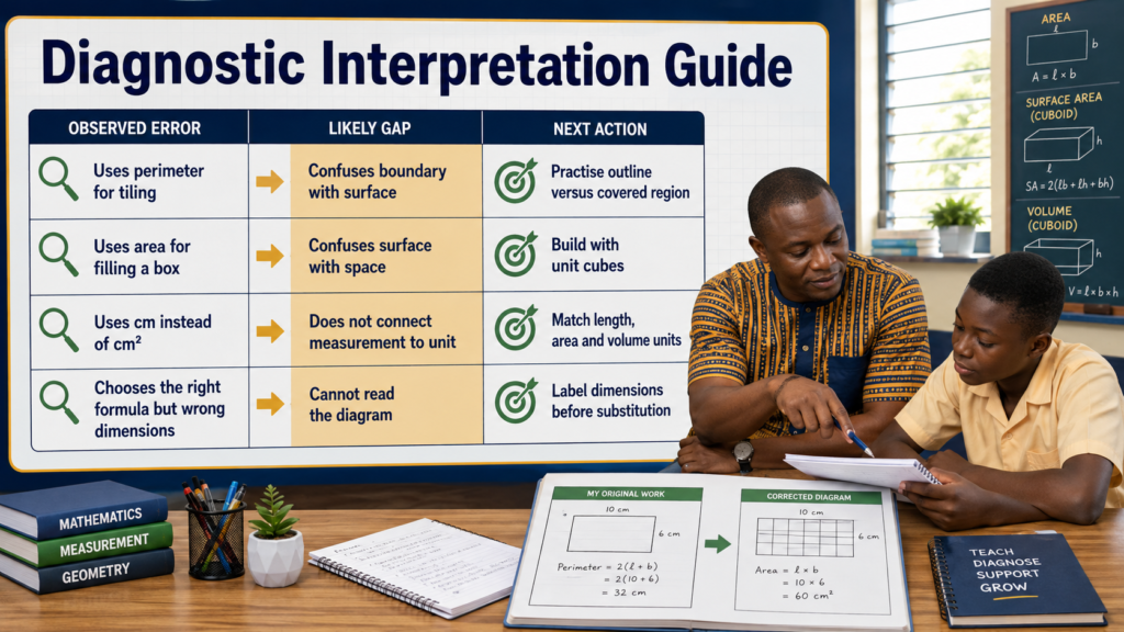 Diagnostic interpretation guide showing how observed mensuration errors reveal learning gaps and lead to targeted corrective practice.