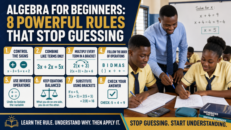 Algebra for Beginners guide showing Ghanaian SHS learners applying eight powerful rules to stop guessing and understand algebra.