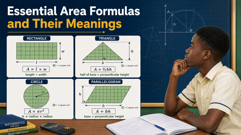 Essential area formulas and their meanings are illustrated with a rectangle, triangle, circle and parallelogram covered in square units for a Ghanaian SHS learner.