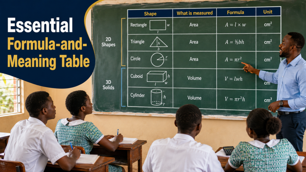 Formula Errors in Area and Volume table showing Ghanaian SHS learners the correct shapes, measurements, formulas and units.