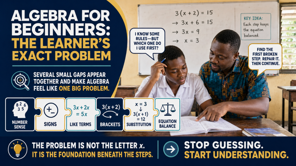 Algebra for Beginners image showing a Ghanaian SHS learner identifying foundation gaps in signs, like terms, brackets, substitution and equation balance.