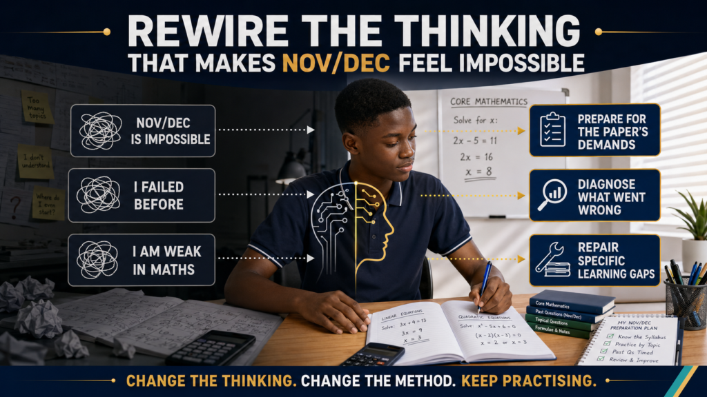 Ghanaian learner rewiring the thinking that makes Nov/Dec feel impossible by diagnosing mistakes, repairing Maths gaps and preparing properly.