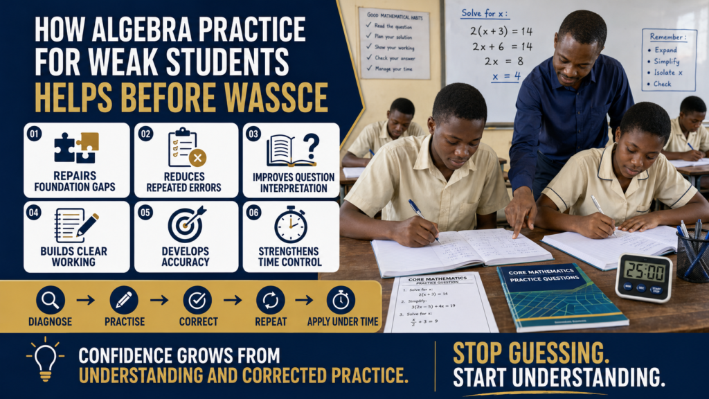 Ghanaian SHS learners showing how algebra practice for weak students helps before WASSCE by improving foundations, accuracy, working and time control.