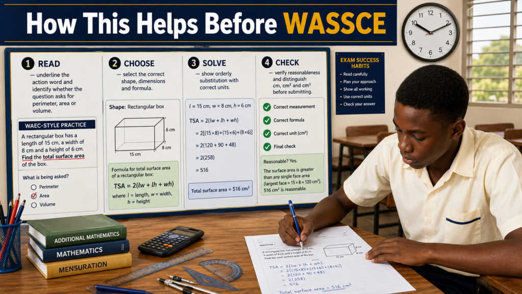 How this helps before WASSCE by teaching learners to read carefully, choose the correct mensuration formula, solve systematically, and check units.