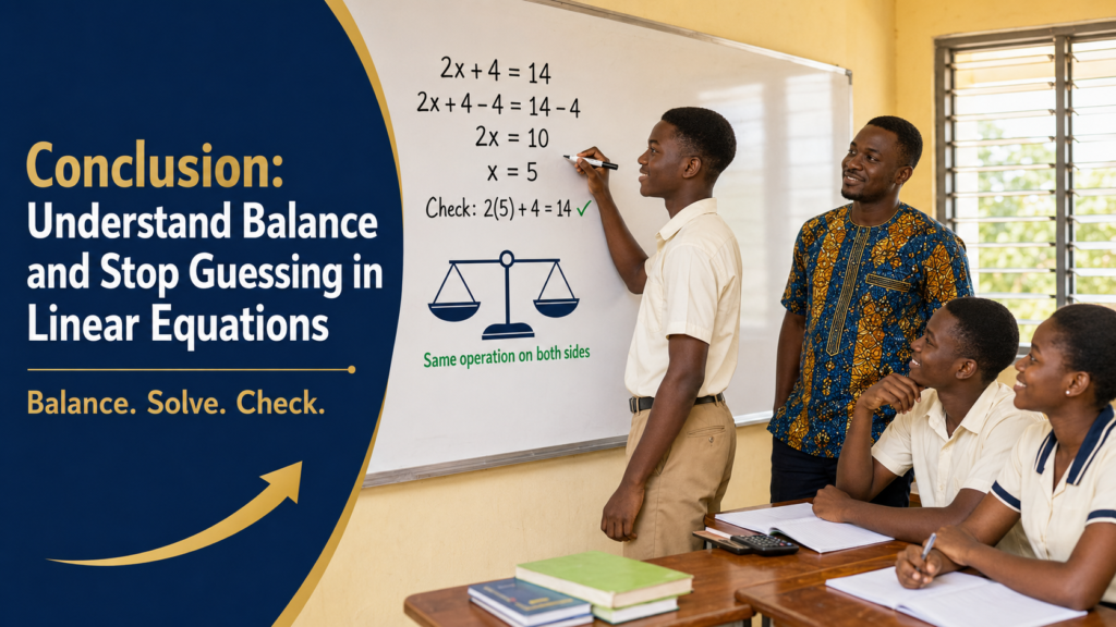 Ghanaian SHS learner using balance to solve a linear equation correctly without guessing.