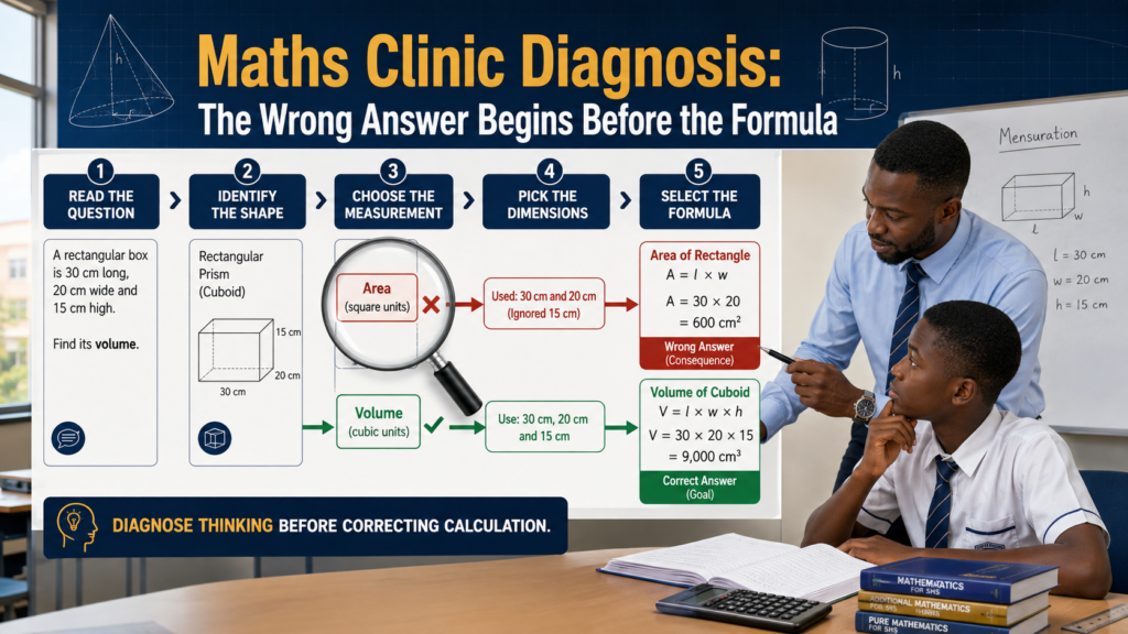 The Maths Clinic diagnosis shows how a wrong answer begins before the formula when a learner chooses area instead of volume for a cuboid.