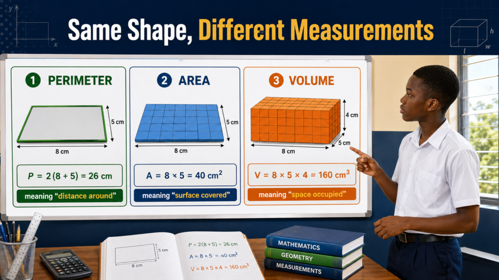 Same shape, different measurements showing how perimeter, area, and volume use different formulas and units for related rectangular dimensions.