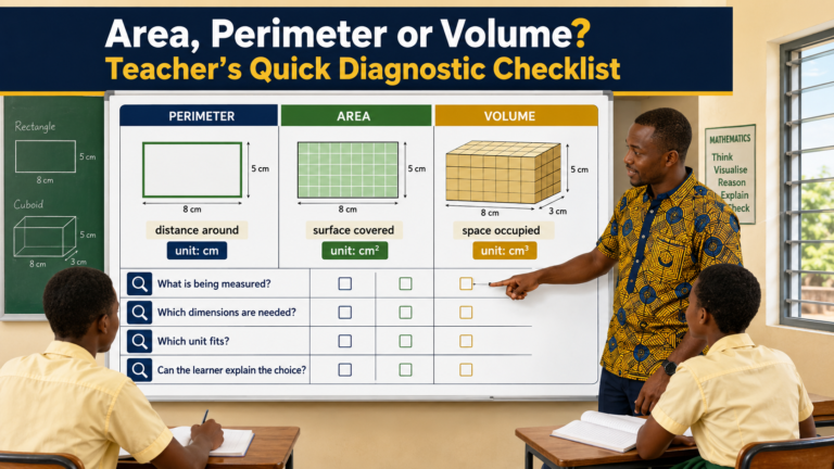 Area, perimeter, or volume teacher’s diagnostic checklist showing distance around, surface covered, and space occupied with correct units.